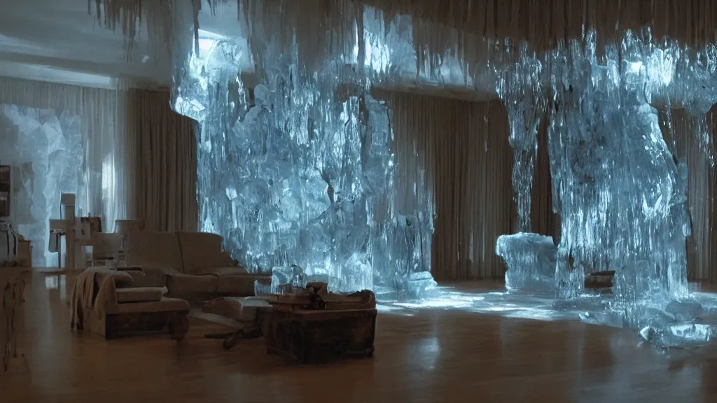 Prompt: a giant hand made of water and ice rampages through the living room, film still from the movie directed by Denis Villeneuve with art direction by Salvador Dalí, wide lens