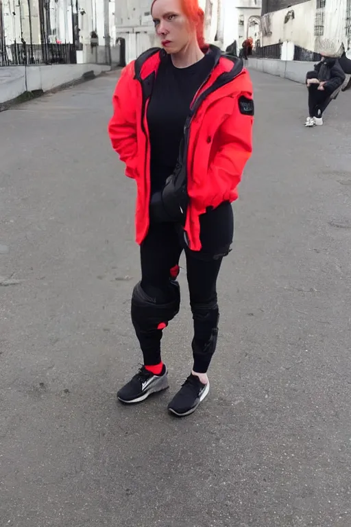 Prompt: beautiful red haired british woman in techwear, techwear look and clothes, Nike ACG, ACRNYM, Errolson Hugh, Y3, trending on r/streetwear, outfit photo, we see them from head to toe