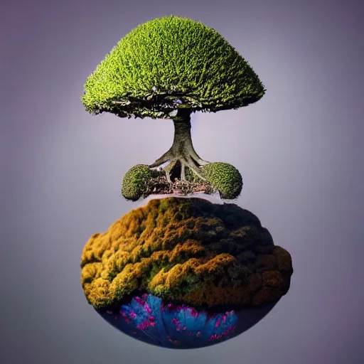 Image similar to A picture of a planet of various flowers, fungus and plants, Bonsai , in which the human figure is dressed in something magical and impressive, inside the picture is infinity, muted light, BotanicalAtmospheric phenomenon, artistic photography, muted colors, conceptual, Kodachrome