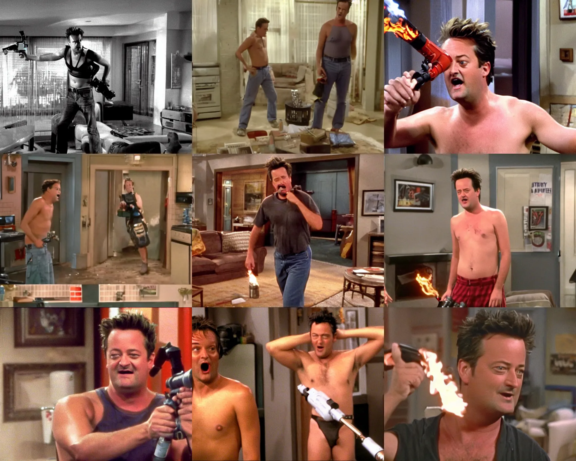 Prompt: matthew perry topless in his apartment using a flamethrower and screaming, m 2 flamethrower,'friends'9 0 s tv show screenshot, wideshot,