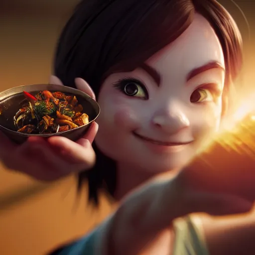 Image similar to movie still macro close photo of smiling anonymous holding pork stirfry to face, by weta disney pixar greg rutkowski wlop ilya kuvshinov rossdraws artgerm octane render iridescent, bright morning, anime, liosh, mucha