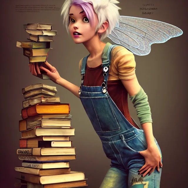 Image similar to full body pose, beautiful adult fairy, pixar, short white hair shaved sides, dirty, grungy, grunge, long sleeve, painted overalls, stacks of giant books, highly detailed, 4 k, hdr, smooth, sharp focus, high resolution, award - winning photo, artgerm, photorealistic