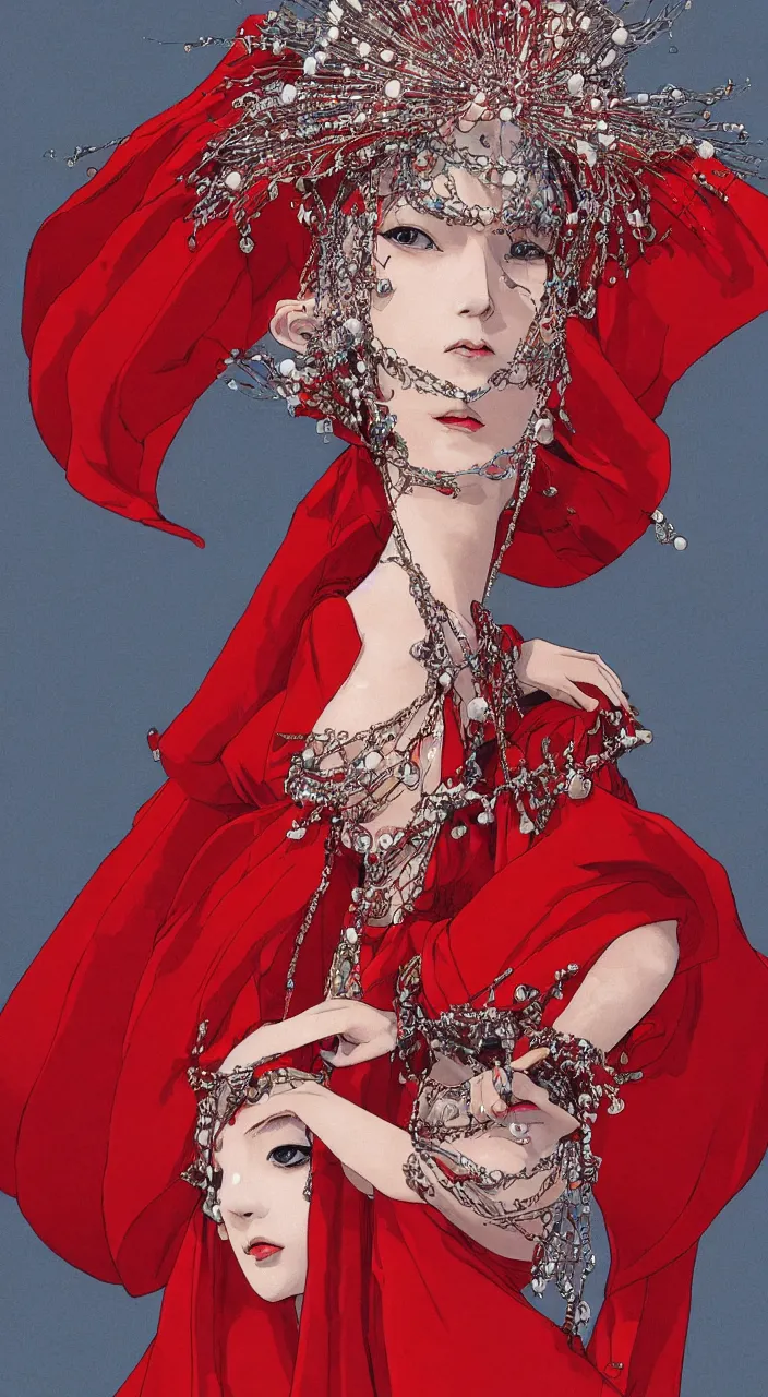 Image similar to a female character design wearing high fashion, beads hanging over her face like an alexander mcqueen headdress, haute couture, dior, and a red cape by kawase hasui, moebius, hd, 8 k, artstation, high quality, ultra detailed