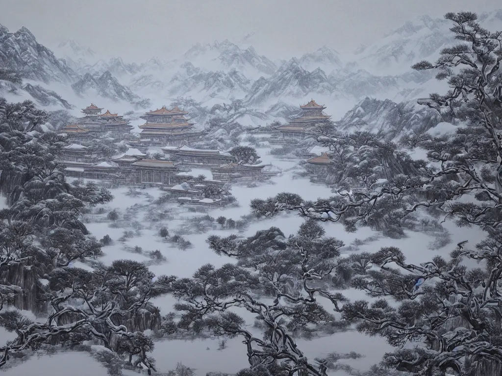 Prompt: forbidden city on snow mountain, highly detailed, cinematic landscape ， on a snowy day, oil painting style, by xu beihong