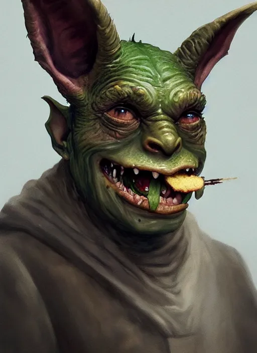Prompt: face portrait of a medieval goblin eating cakes, beautiful face, hyper realistic, highly detailed, digital painting, artstation, illustration, concept art by hyung tae and frank frazetta, digital paint, matte paint, washed colors, dark, gloomy