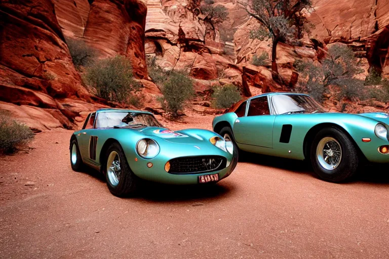 Image similar to cinematography Ferrari 250 GTO series 2 in Zion national park by Emmanuel Lubezki