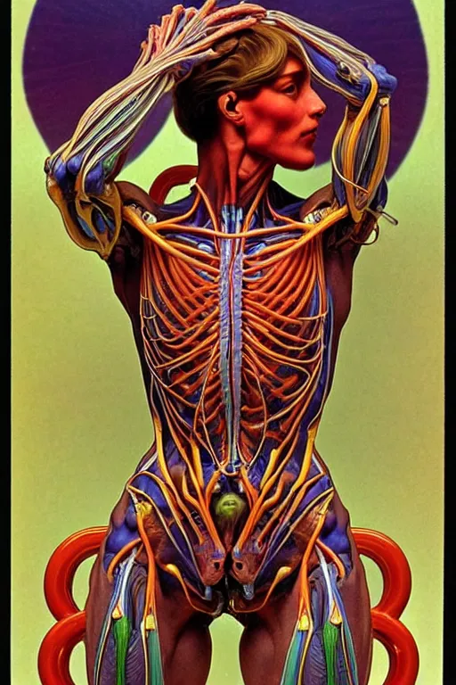 Image similar to extremely psychedelic anatomically accurate model of the ful cyborgl human muscular system infected by night, full body, intricate parts, fine details, hyper - realistic, elegant minimalism. sharp focus. lush color by seichen, alphonse mucha, surreal