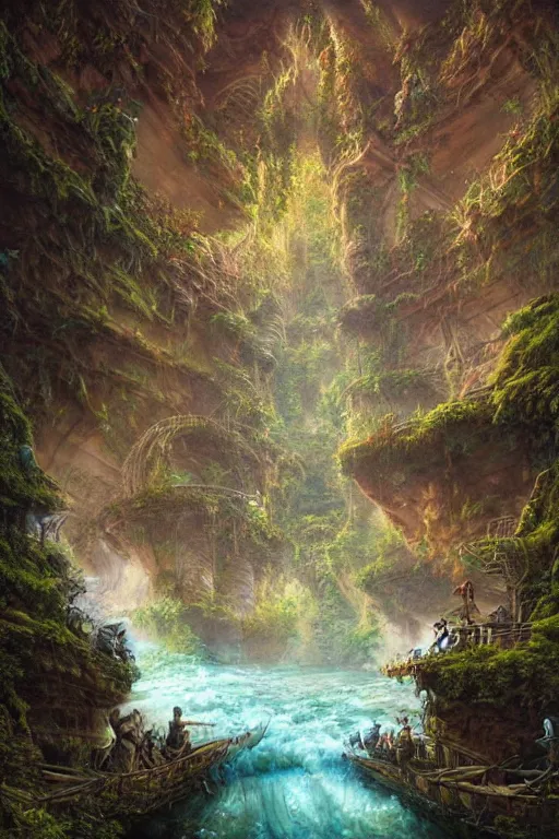 Image similar to a pirateship wreck in a crystal gorge, river running thru the middle, by tomasz alen kopera and Justin Gerard.