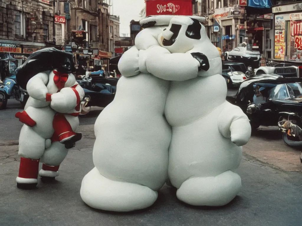 Image similar to 3 5 mm kodachrome colour photography of michelin man and stay - puft marshmallow man kissing each other, just they in love, no more characters, two characters taken by harry gruyaert