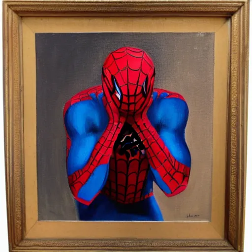 Image similar to spiderman, kneeling, praying, head lowered, portrait, oil, painting