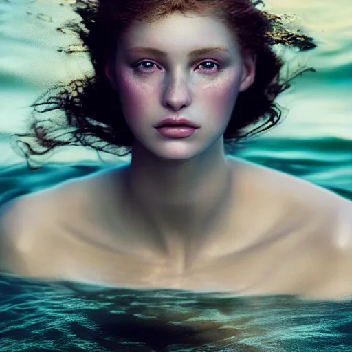 Image similar to photographic portrait of a stunningly beautiful siren renaissance female, in the water, in soft dreamy light at sunset, contemporary fashion shoot, by edward robert hughes, annie leibovitz and steve mccurry, david lazar, jimmy nelsson, extremely detailed, breathtaking, hyperrealistic, perfect face, octane render