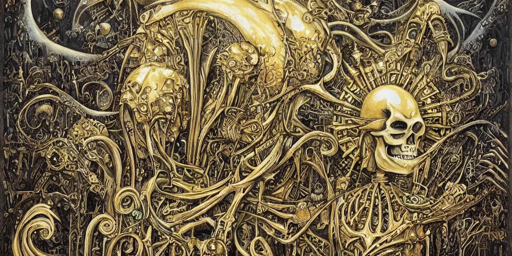 Prompt: a beautiful painting of skeleton fantasy gold world with architecture design by aaron horkey, trending on artstation