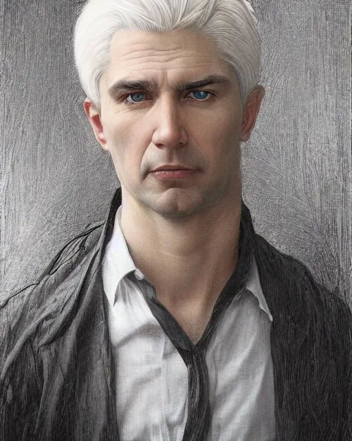 Image similar to portrait of 4 0 - year - old man with white hair with a pale complexion, pointed face and grey eyes, clear smooth face, no beard wearing black clothes, hyper realistic face, beautiful eyes, close up, fantasy art, in the style of greg rutkowski, intricate, alphonse mucha, hyper detailed, smooth