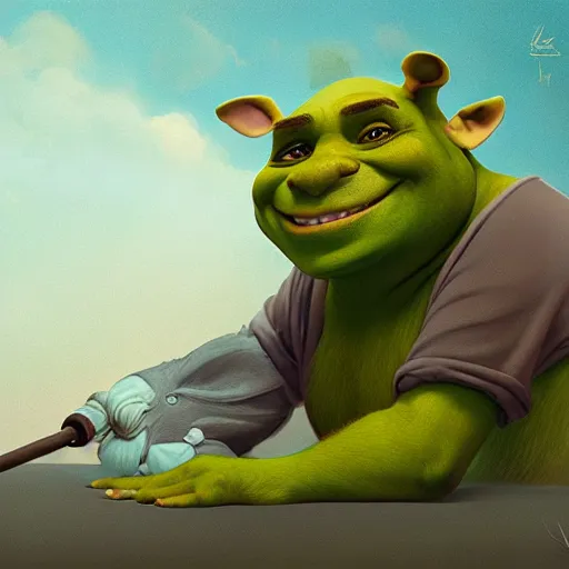 Image similar to hybrid of mouse and shrek, half shrek - half mouse, digital art, photo realistic, highly detailed, art by george stubbs, anton fadeev, james gurney, ilya kuvshinov