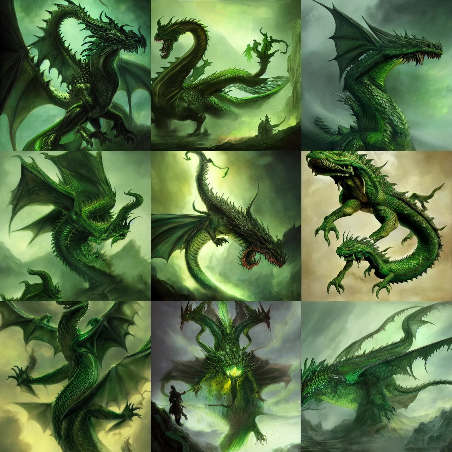 Prompt: a green ((dragon)) as a hydra. cinematic lightinh, fantasy concept art by Rembrandt and Da Vinci, Tolkien and michael komarck