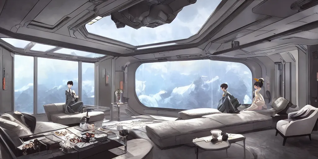 Image similar to a luxury living quarters living room in the 23rd century with a view from a singular window 10km high in space elevator, low contrast, ivan laliashvili, Studio Ghibli and Shinkai Makoto, D render