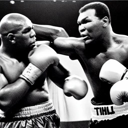 Prompt: mike Tyson fighting Mohammad ali in a boxing match, black and white, 1940s, grain, old photo