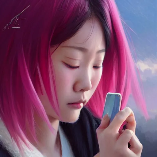 Image similar to asian girl crying while staring at her cell phone, pink hair, tokyo landscape, D&D, fantasy, intricate, elegant, highly detailed, digital painting, artstation, concept art, matte, sharp focus, illustration, art by Artgerm and Greg Rutkowski and Alphonse Mucha