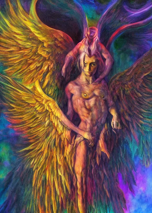 Image similar to Lucifer of the lunar mythos mercurial (surreal) fallen angel mist fear not, award winning oil painting, chromatic aberration polychromatic color palette radiant colors