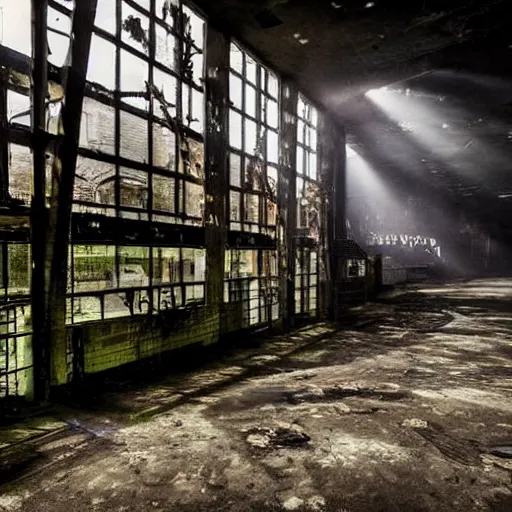 Image similar to a nightclub in an abandoned steelworks, crowded with cyber goths, dark gloomy, cavernous