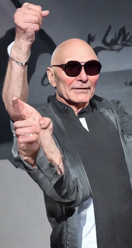 Prompt: patrick stewart gigachad with sunglasses, doing finger guns