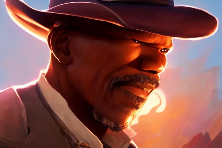 Prompt: old jamie foxx as a cowboy, single subject, scenic full shot, ambient lighting, detailed face, by makoto shinkai, stanley artgerm lau, wlop, rossdraws