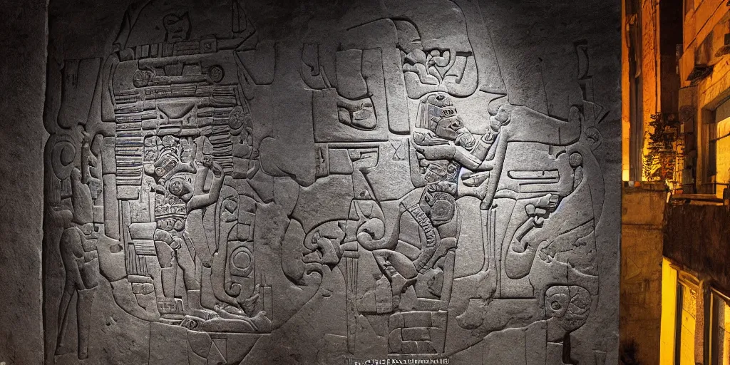 Image similar to pascal votan the space navigator as etched in stone, Mayan hieroglyph by Liam Wong and Boris Vallejo