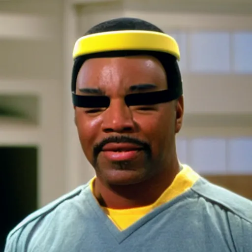 Prompt: Geordi La Forge wearing visor and a colander and random kitchen tools on his head