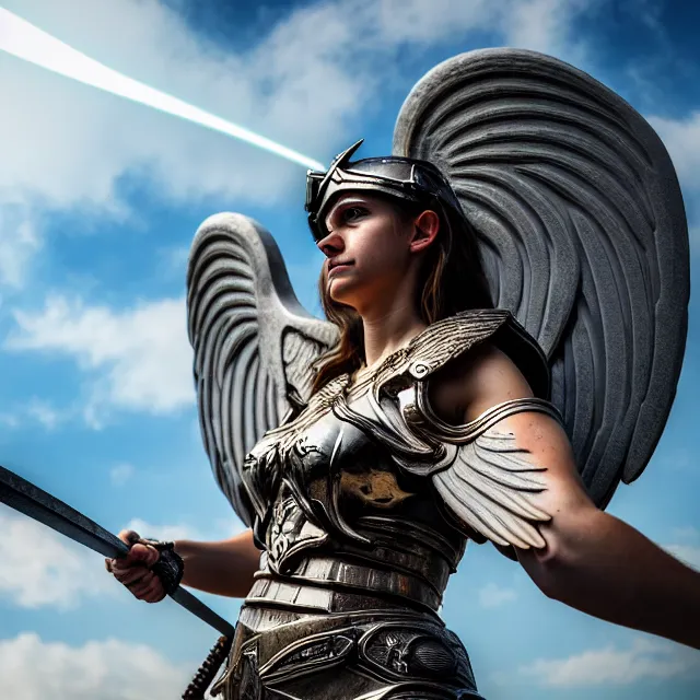 Image similar to photo of a real - life winged valkyrie warrior with light powers, highly detailed, 4 k, hdr, smooth, sharp focus, high resolution, award - winning photo