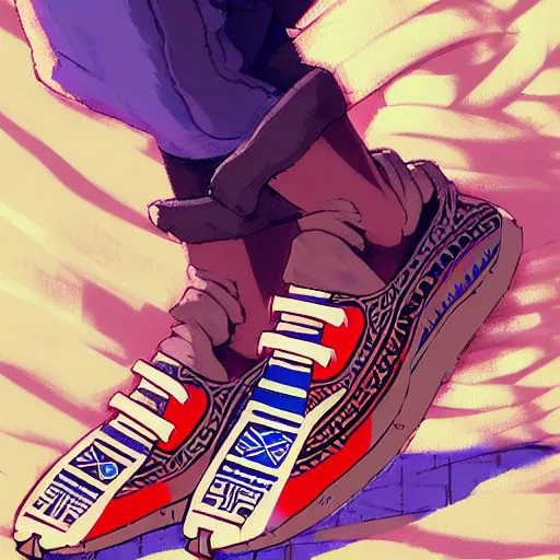 Prompt: sneaker design, aztec mayan street fashion native punk shoe design, hip hop sneaker design with subtle mayan patterns, gapmoe yandere grimdark, trending on pixiv fanbox, painted by greg rutkowski makoto shinkai takashi takeuchi studio ghibli, akihiko yoshida