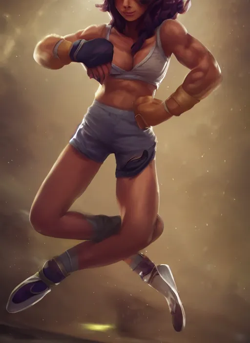 Image similar to fitness taliyah, from league of legends, al natural, exhibant, boxing, in shape, hyper detailed, digital art, trending in artstation, cinematic lighting, studio quality, smooth render, unreal engine 5 rendered, octane rendered, art style by klimt and nixeu and ian sprigger and wlop and krenz cushart