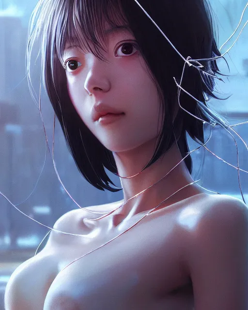 Image similar to concerning closeup portrait of a beautiful carefree girl covered in sharp metal wire, by katsuhiro otomo, yoshitaka amano, nico tanigawa, artgerm, greg rutkowski makoto shinkai takashi takeuchi rendered with intense 3 d effect reflective shadowing, cinematic lighting, hyperrealistic illustration uhd 8 k