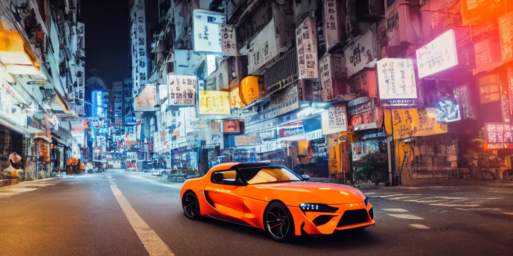 Prompt: orange supra in the middle of a road on the night Hong Kong china town, blue color grading, cinematic color grading , unreal 5, hyperrealistic, realistic, photorealistic, dynamic lighting, highly detailed, cinematic landscape, studio landscape, studio lighting