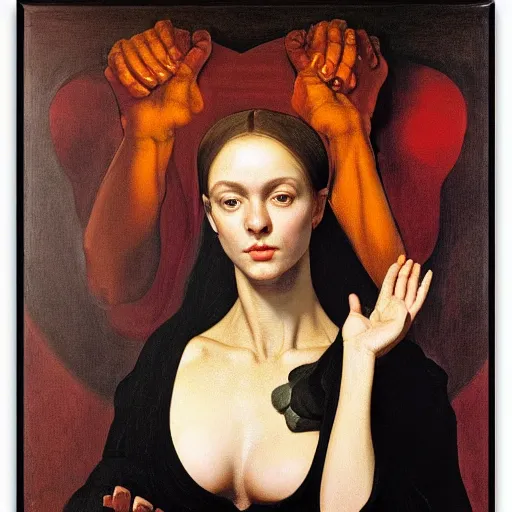 Prompt: Oil painting of beautiful woman with segmented pale face in black cloth which holds surreal ornate heart in her hands, the long shot, dramatic lighting, high-detailed oil painting by Ilya Repin, Michelangelo da Caravaggio, William Blake, Alex Grey and Beksinski, masterpiece, 4k