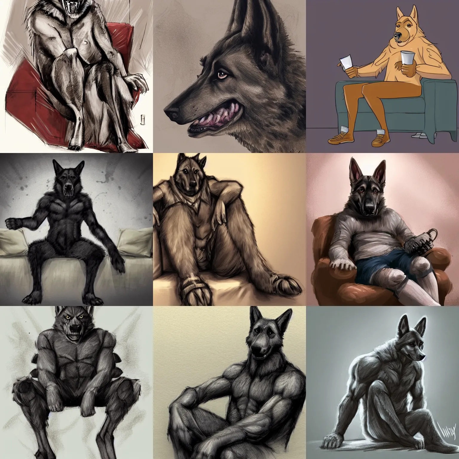 Prompt: a humanoid german shepherd beast - man, sitting on a couch and puts on socks, concept art, smooth, sharp focus illustration, trending on weasyl