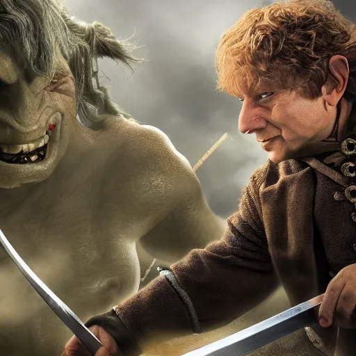 Image similar to Bilbo Baggins fighting an orc detailed 4K digital art