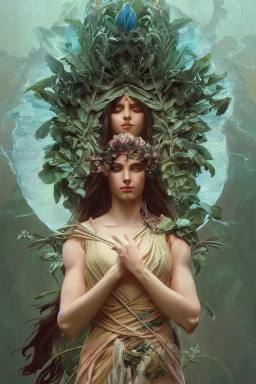 Image similar to goddess of nature, accurate anatomy, only two hands, highly detailed, digital painting, artstation, concept art, smooth, sharp focus, illustration, Unreal Engine 5, 8K, art by ross tran and greg rutkowski and alphonse mucha and pro fitness photograph