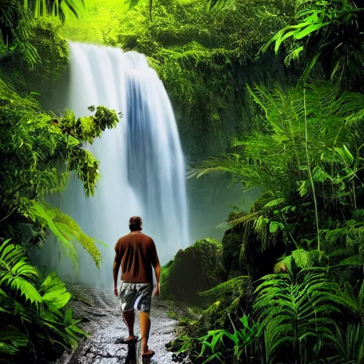 Prompt: 4 k realistic photo of a man walking through a jungle, lush rainforest, waterfall in the background,