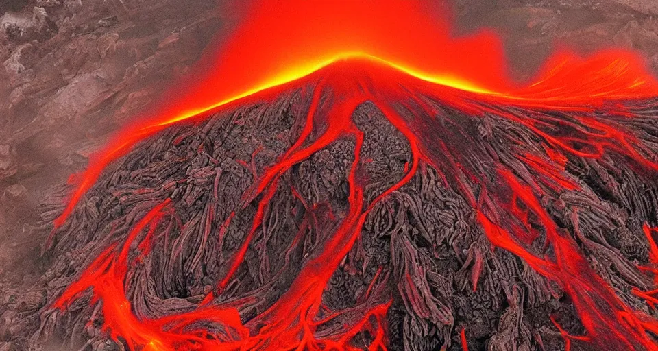 Image similar to a volcano made of ivory vines and crimson rocks enters in eruption, it spits a smoke in the shape of demonic eye, by Esao Andrew