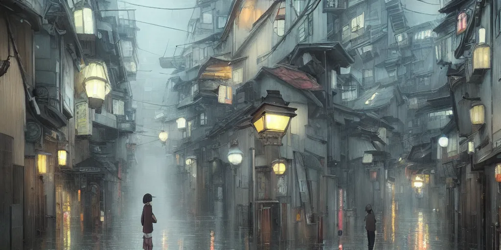 Image similar to a painting of a rain soaked back street in osaka, digital art, trending on artstation, by studio ghibli and greg rutkowski. spirited away. trending on artstation, hyperrealism, unreal engine