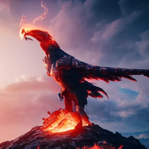 Image similar to giant fire eagle coming out of a vulcano, beautiful light, mountains, nature, fantasy book, d & d, high detail, 8 k, octane render painting, dark fantasy