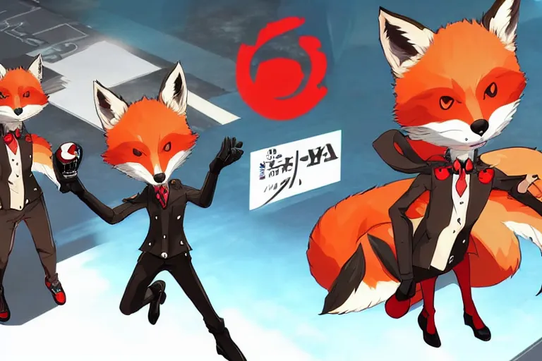 Image similar to a furry tan male fox on a persona 5 : royal ( by atlus ) video game splash screen, a furry male sandcolored tan fox fursona ( has hair ), persona 5 phantom thief style