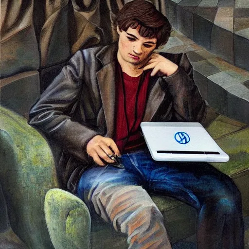 Image similar to detailed intricate socialrealism painting of web designer with laptop, heroic, beautiful