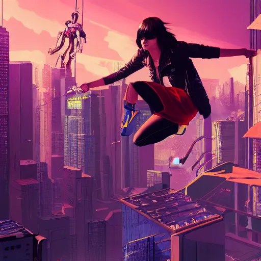 Image similar to Mechanical Aubrey Plaza jumps From rooftop, cyberpunk city background, y2k aesthetic, dramatic lighting, illustration by Anna Tsubaki , Geoff Darrow, 4k, digital art, concept art, trending on artstation