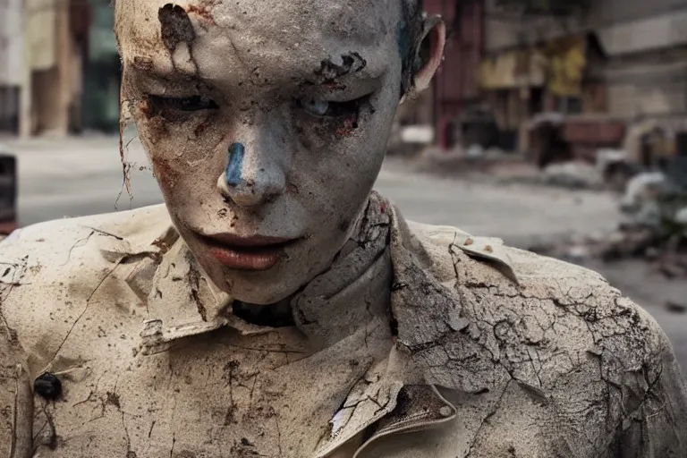 Image similar to vfx movie scene dilapidated mannequin in war torn street, natural lighting closeup by emmanuel lubezki