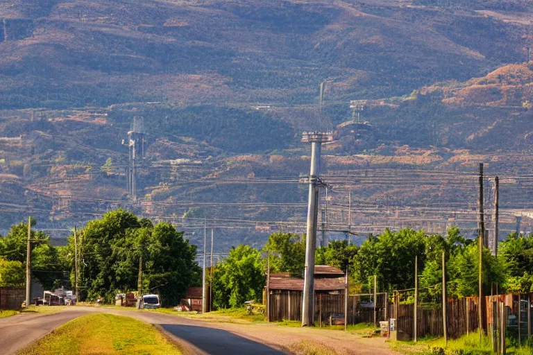 Prompt: looking down a road with warehouses on either side. hill background with radio tower on top. telephoto lens compression.