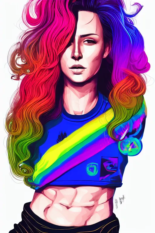 Image similar to a award winning half body portrait of a beautiful woman with stunning eyes in a printed croptop and cargo pants with rainbow colored ombre hairstyle head in motion and hair flying by josan gonzales, outrun, vaporware, shaded flat illustration, digital art, trending on artstation, highly detailed, fine detail, intricate