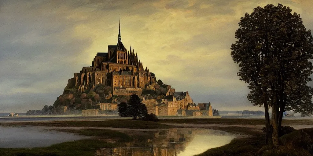 Image similar to masterpiece oil painting portraying mont saint michel in the style of romanticism landscape painters with a tree on the foreground,beautiful!!!!!!!,misty!!!!!!!!!,detailed!!!!!!!,night sky,evocative,reflection in the water,photorealistic,chiaroscuro,soft lighting
