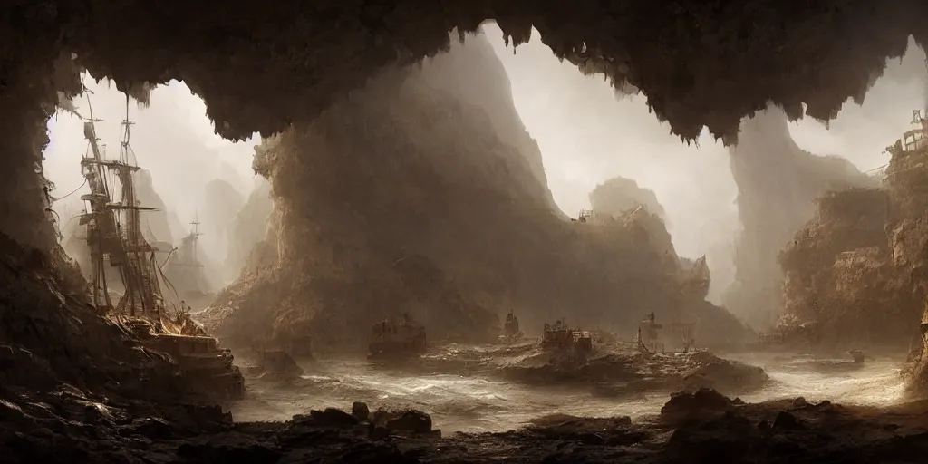 Image similar to a secret pirate town and harbor, in a cave. underexposed, dark, centered. atmospheric matte painting by darek zabrocki and emmanuel shiu, 4 k ultra detailed, cinematic.