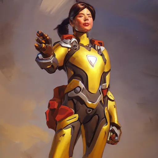 Image similar to greg manchess portrait painting of a female ironman as overwatch character, medium shot, asymmetrical, profile picture, organic painting, sunny day, matte painting, bold shapes, hard edges, street art, trending on artstation, by huang guangjian, gil elvgren, ruan jia, greg rutkowski, gaston bussiere